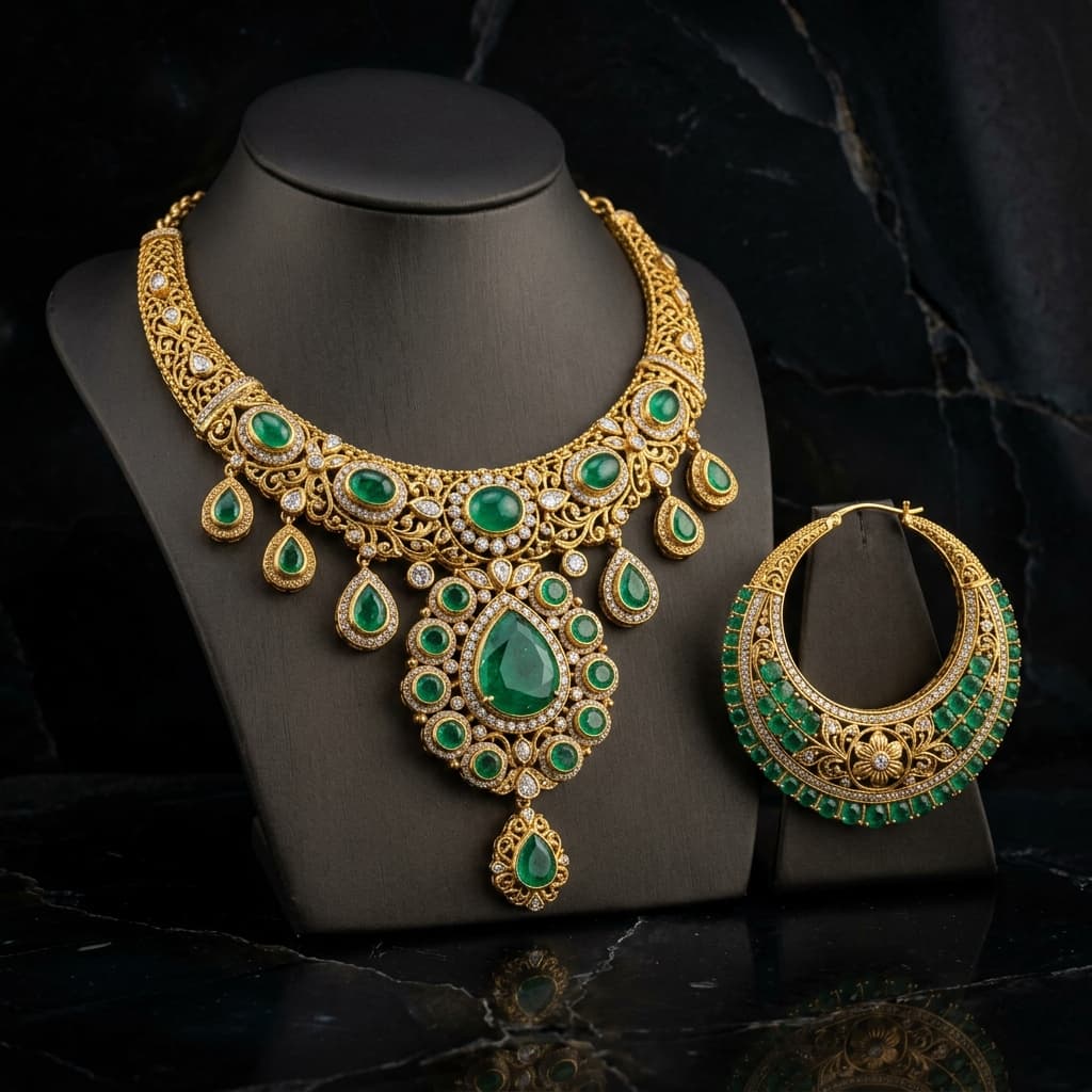 Gold jewellery laid out on a dark cloth