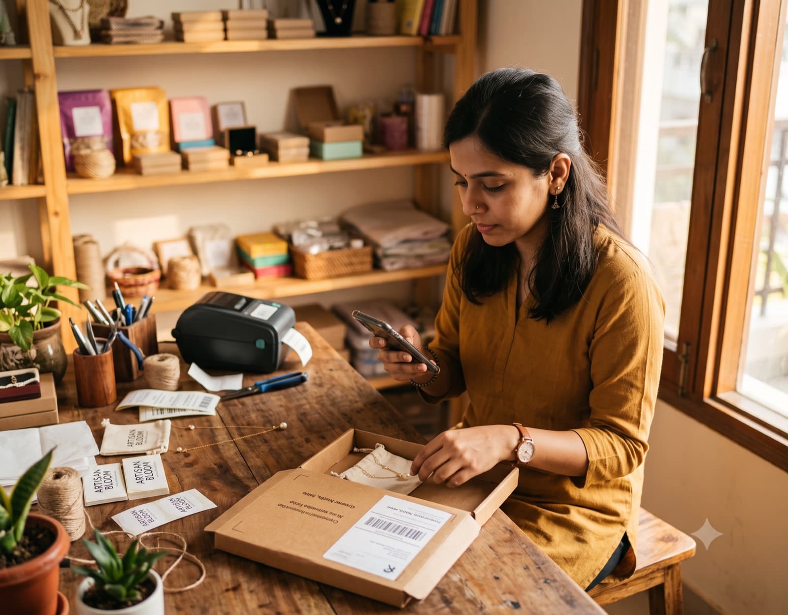 A brand owner at her packing table, phone in hand, beside a packed order