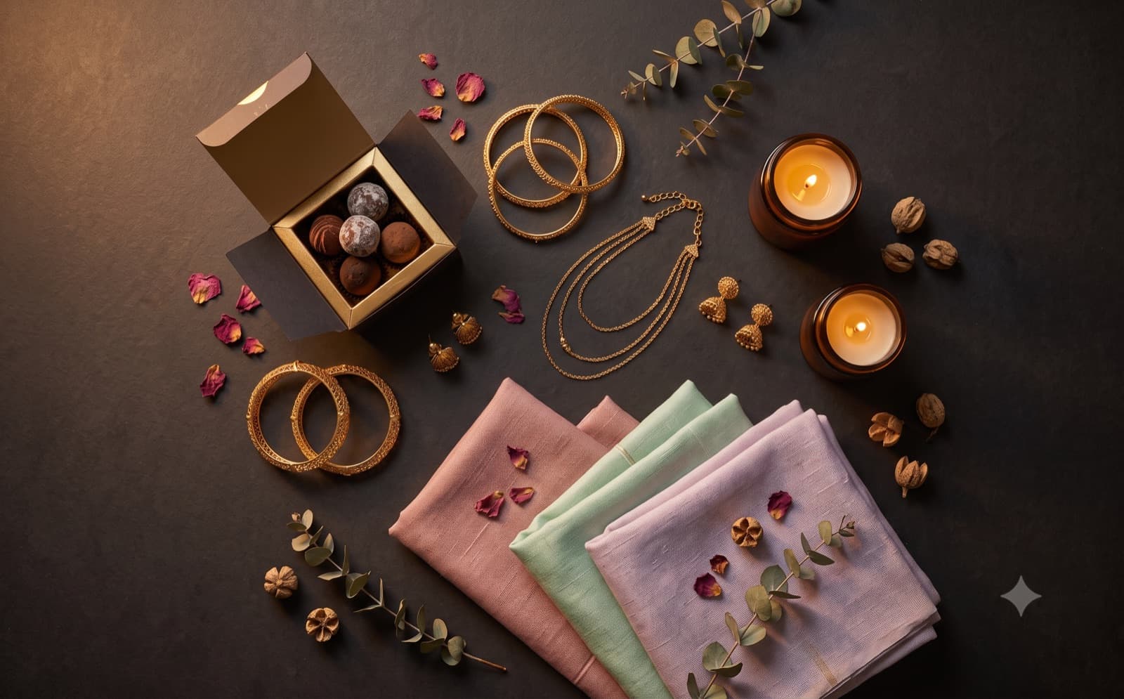 Gold bangles, a fine chain, lit candles and folded pastel fabrics arranged on a dark surface