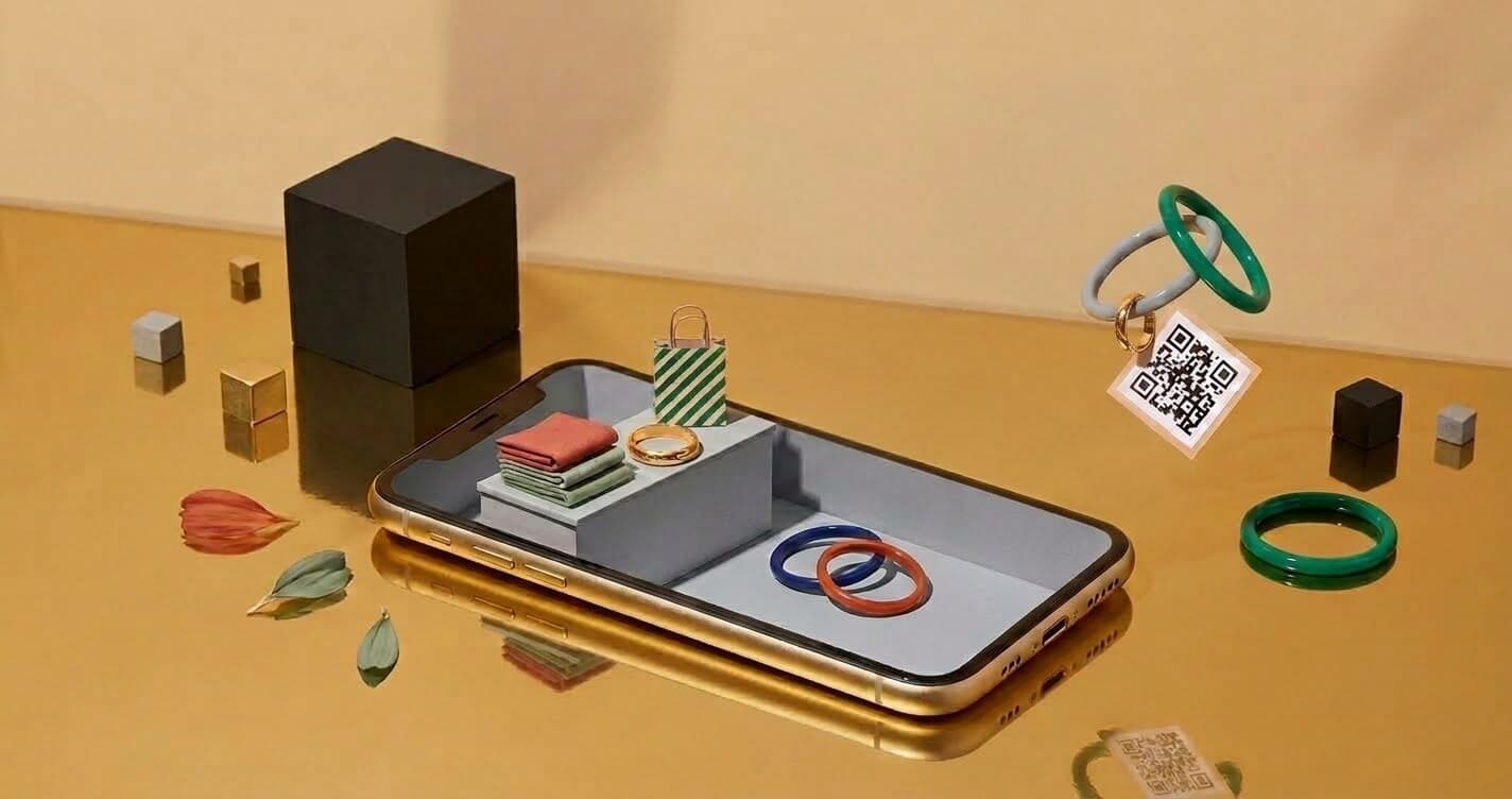 A phone whose screen shows a tiny shop counter, next to a parcel tagged "price?", on linen in warm window light.
